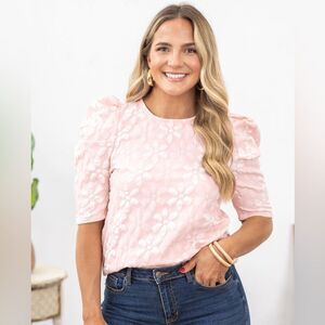 BiBi Pink Floral Jacquard Puff Sleeve Top Barbiecore Coquette Cottagecore Size L